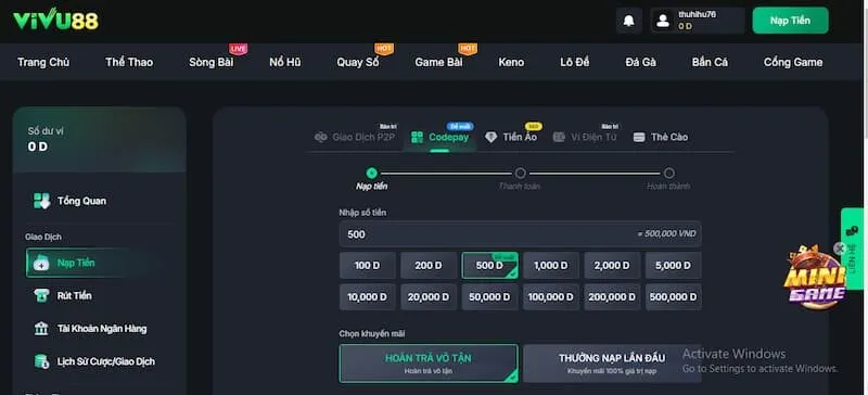 nạp tiền Vivu88 qua Codepay