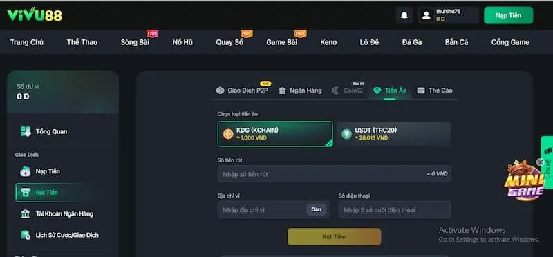 rút thưởng Vivu88 qua tiền ảo