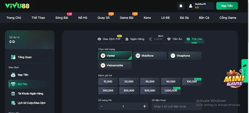 Rút thưởng Vivu 88 qua thẻ cào đơn giản