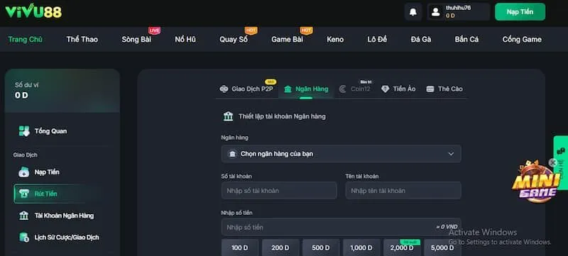 Thủ tục rút tiền Vivu88 qua tài khoản ngân hàng